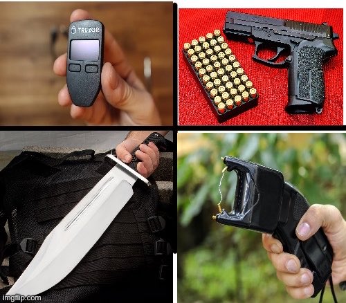 The image is a four-panel "starter pack" meme for Trezor wallet users, featuring a Trezor hardware crypto wallet, a handgun with ammunition, a large tactical knife, and a taser/stun gun held in hand. The caption humorously suggests that crypto self-custody requires heavy personal security measures to protect one's assets.