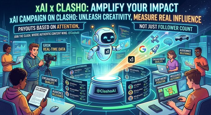 The image depicts a futuristic promotional graphic titled "xAI x CLASHO: AMPLIFY YOUR IMPACT," featuring a central AI robot surrounded by people analyzing data dashboards on devices, with text highlighting "xAI CAMPAIGN ON CLASHO: UNLEASH CREATIVITY, MEASURE REAL INFLUENCE" and "PAYOUTS BASED ON ATTENTION, NOT JUST FOLLOWER COUNT." It visualizes the post's concept of xAI running a campaign on Clasho, where real-time analytics like engagement quality, audience relevance, and sentiment replace algorithm-driven visibility, allowing smaller creators to compete on merit rather than follower count.
