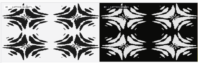 A black and white pattern design shown in two variations labeled '01 - LATTICE (LIGHT)' and '02 - LATTICE (DARK)', featuring symmetrical geometric tribal-style motifs.