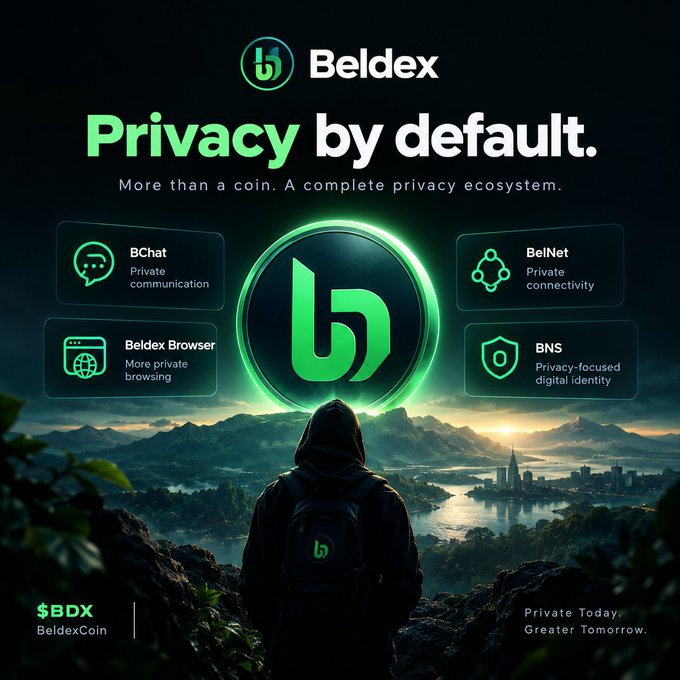A promotional graphic for Beldex with the text 'Privacy by default. More than a coin. A complete privacy ecosystem' and '$BDX BeldexCoin' listed at the bottom.