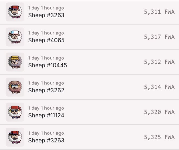 A screenshot listing several sheep NFTs from a collection, including Sheep #3263, #4065, #10445, #3262, #11124, and #3263, priced around 5,300 FWA.