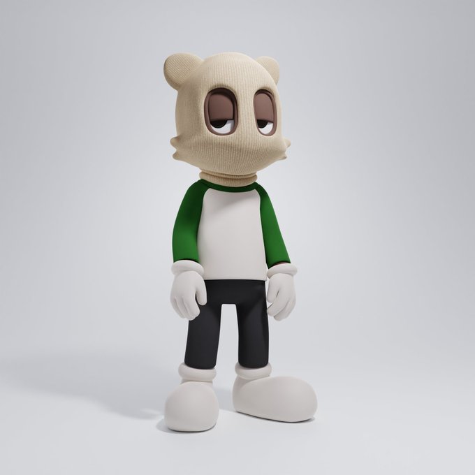 A 3D-rendered cartoon character with a knitted beige bear-like hood, half-lidded eyes, and a green-and-white raglan shirt stands against a gray background, serving as the visual representation of "Beast #1650" referenced in the post. The character embodies the NFT asset mentioned, whose recent sub-floor sale highlights ongoing flip activity and shifting ownership dynamics on OpenSea.