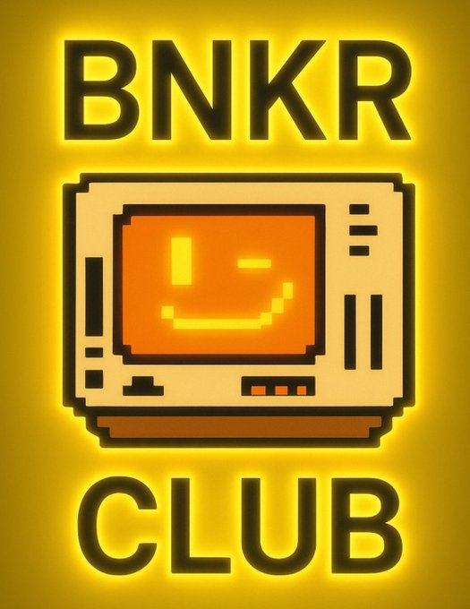 A digital illustration with the text 'BNKR CLUB' featuring a retro computer monitor displaying a glowing orange smiley face against a bright yellow background.