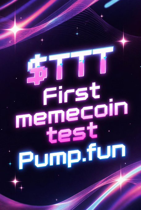 The image features a poster with a retro neon design, including stars and lines, set against a dark purple background. The text "First Memecoin Test Pump.Fun" is written in white letters above the design elements. This suggests that someone has created a coin-related game or activity, possibly involving the use of a coin as a key to open doors or access certain areas within a virtual world.