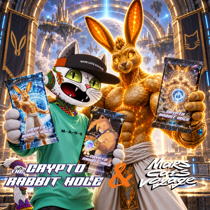 A promotional image for 'The Crypto Rabbit Hole & Mars Cats Voyage' collaboration, featuring a muscular rabbit character and a cat in a Mars Cats Voyage cap holding trading cards.