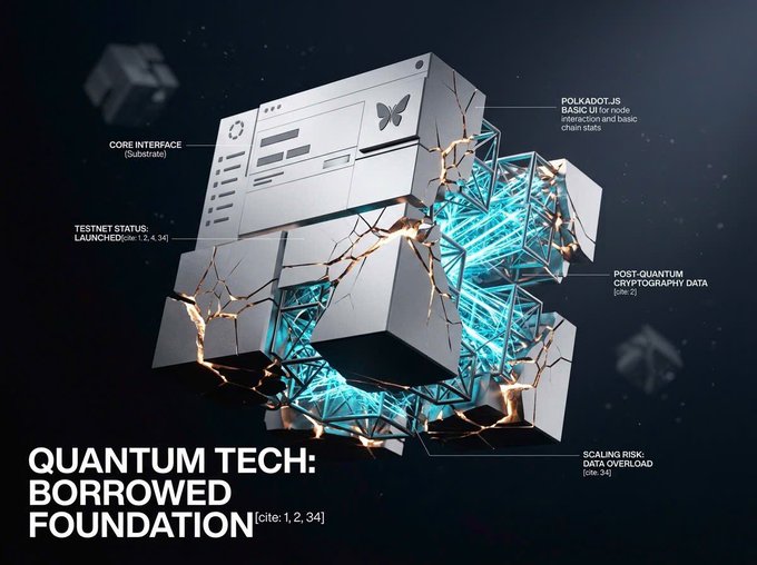 A promotional graphic titled 'QUANTUM TECH: BORROWED FOUNDATION' depicting a cracked cube revealing a glowing blue blockchain network inside, with labels for Polkadot.JS basics, Core Interface, Testnet Status, Post-Quantum Cryptography Data (SBCZ), and Scaling Risk: Data Overload (Idle: 34).