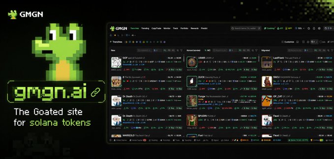 A website screenshot for GMGN with a pixelated gecko mascot, labeled 'gmgn.ai - The Goated site for solana tokens', showing a token trading interface.