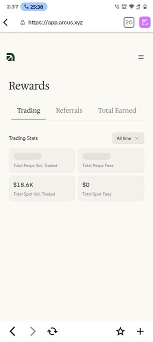 A screenshot of a mobile browser showing the 'app.arcus.xyz' rewards page, displaying Trading Stats with Total Perps Vol. Traded at $18.6K and Total Spot Vol. Traded at $0.