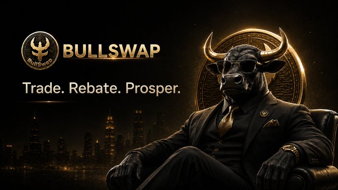 A sophisticated anthropomorphic bull in a tailored black suit and sunglasses sits confidently against a golden cityscape, beside the "BULLSWAP" logo featuring a bull emblem and the tagline "Trade. Rebate. Prosper." The image visually reinforces the post's announcement of BULLSWAP's global launch, with the bull symbolizing strength and prosperity in trading while the imagery aligns with the platform's referral rebate and token buyback incentive program.