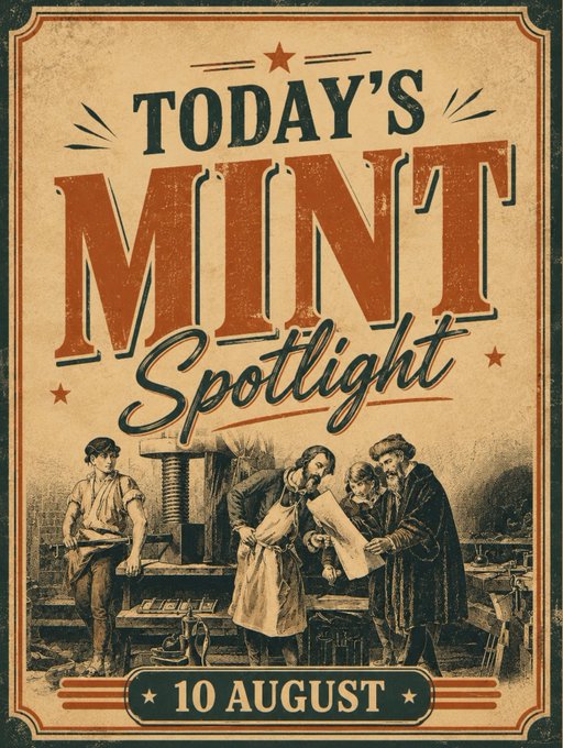 A vintage-style poster titled "TODAY'S MINT Spotlight" dated "10 AUGUST," featuring an illustration of men at a 19th-century coin press.