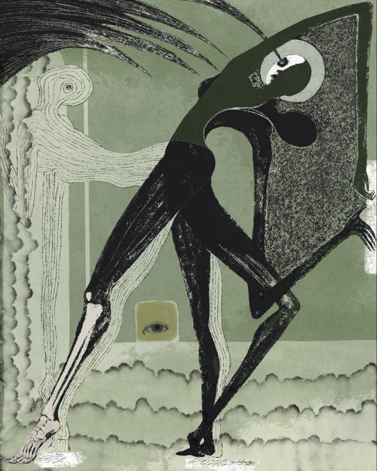 An abstract, surreal artwork featuring black, jagged, bird-like figures with sharp forms layered over flowing white line drawings on a muted green background.