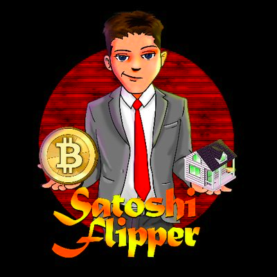 A cartoon avatar of a businessman in a suit holds a Bitcoin coin and a house, with "Satoshi Flipper" displayed in fiery text below. The "who dis" caption plays on the anonymity of the Bitcoin creator Satoshi Nakamoto, suggesting the cartoon figure is the elusive figure behind the cryptocurrency.