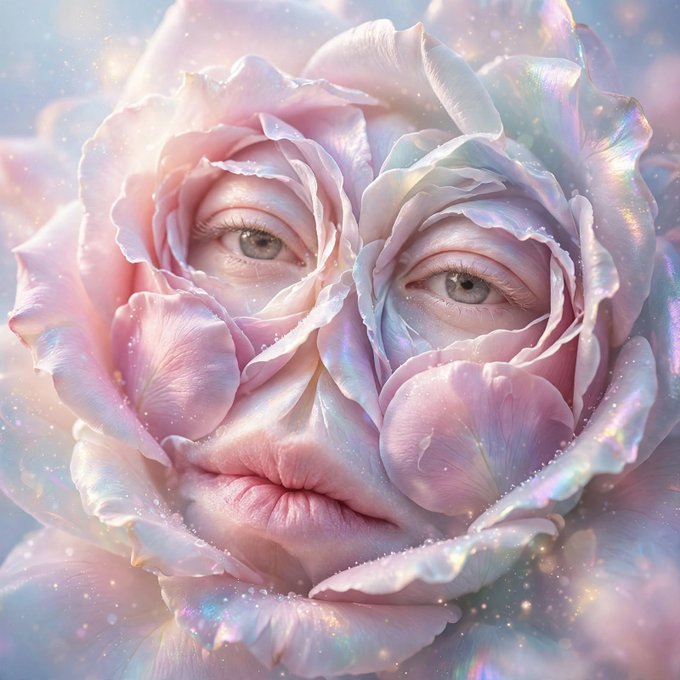 A surreal digital artwork showing a face with human eyes and lips merged with pink and iridescent flower petals in a dreamy, sparkly aesthetic.