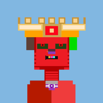 Pixel art portrait of a red-skinned character with horns, green and black ears, wearing a crown and red clothing with a necklace, against a blue background.