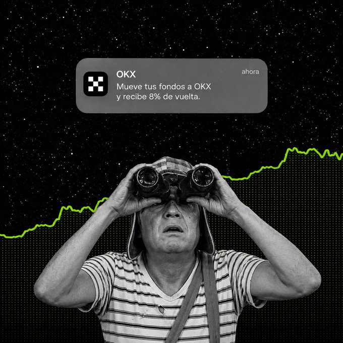 Ad for OKX cryptocurrency exchange showing a man with binoculars overlaid with a rising green chart and a notification reading 'OKX - Mueve tus fondos a OKX y recibe 8% de vuelta.'