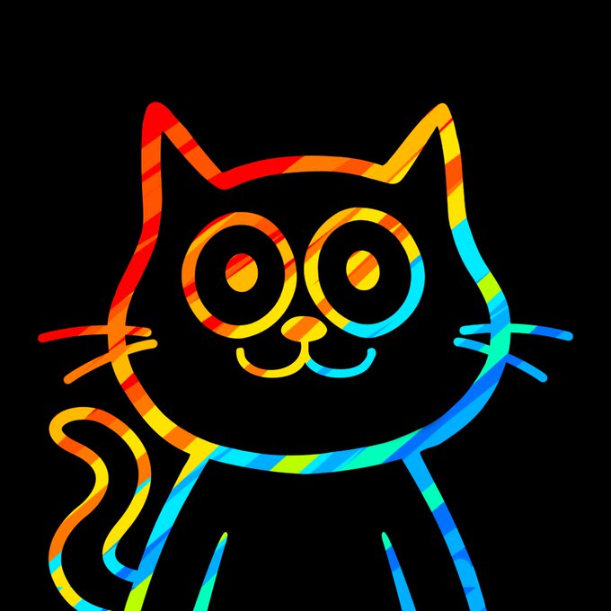 A neon-colored, rainbow-striped line drawing of a smiling cat's face on a black background.