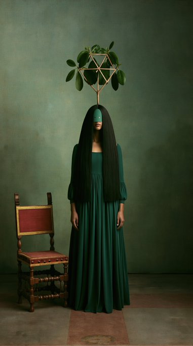 A woman in a flowing dark green dress stands with her face entirely obscured by long, straight black hair, while a geometric golden frame holding a living plant extends upward from where her head should be, set against a moody green backdrop beside a vintage wooden chair. The image visualizes Jungian individuation—depicting the psyche as a living plant growing from the self, where the veiled face and emerging foliage symbolize the unconscious interior where thoughts take root and transformation occurs beyond rational language.