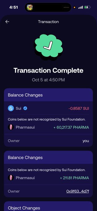 A Sui blockchain transaction confirmation screen showing a completed transaction from Oct 5 at 4:50 PM, displaying balance changes including -0.8587 SUI and +60,217.37 PHARMA tokens.