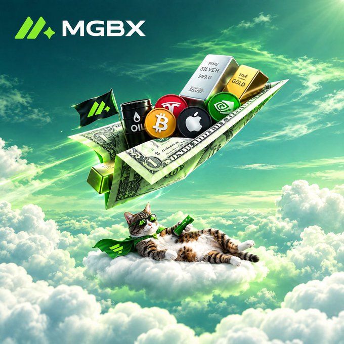 An advertisement for MGBX featuring a paper airplane carrying gold, silver, oil, Bitcoin, Tesla, and other assets, with a cat wearing green goggles flying below in the clouds.
