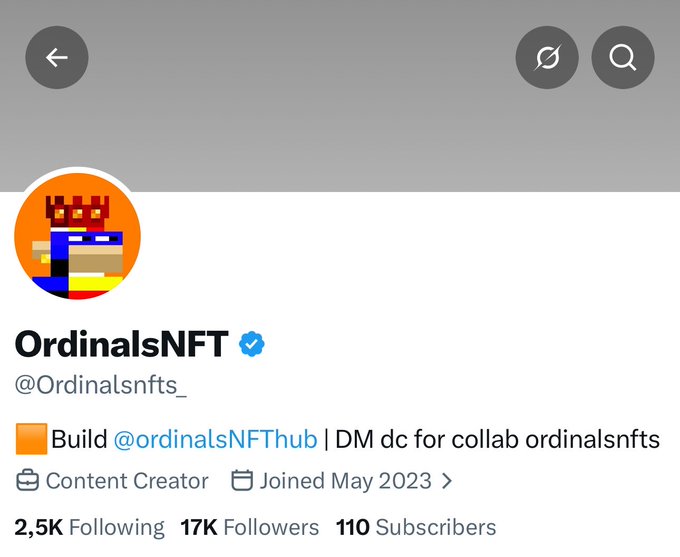 A screenshot of the "OrdinalsNFT" Twitter/X profile (@Ordinalsnfts_), a verified Content Creator account showing 17K Followers, 2.5K Following, and 110 Subscribers, joining May 2023. The image corresponds to the celebratory post announcing hitting 17K followers as the next milestone goal is 20K.