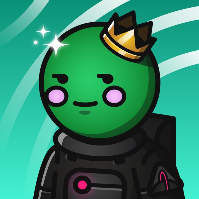 A cartoonish green astronaut with pink glowing eyes wears a small gold crown atop its helmet, with a sparkly shine accentuating the accessory, visually representing the highly coveted crown trait mentioned in the SpaceRidersXYZ NFT collection.