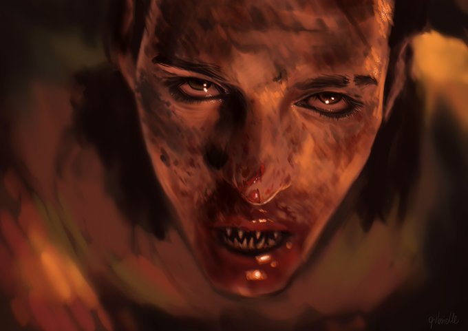 A digital painting depicts a menacing, zombie-like figure with glowing eyes and sharp, bloody teeth, rendered in dark, warm tones.