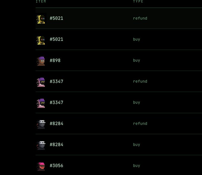 A dark-themed cryptocurrency transaction history list showing pixel art NFT purchases and refunds with item IDs like #5021, #898, and #3347.