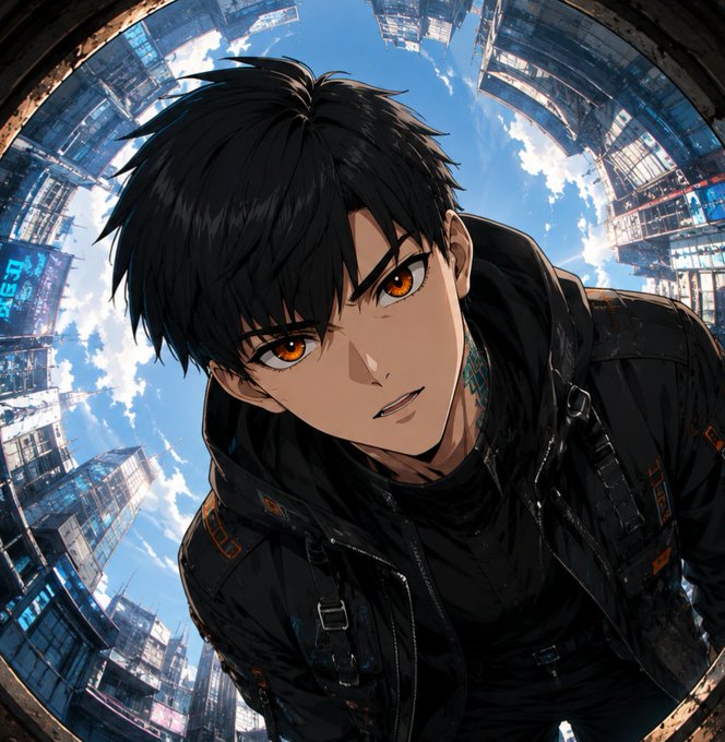 An anime-style illustration of a young man with messy black hair, amber eyes, and a black jacket, looking up with a cityscape reflected in a circular background.