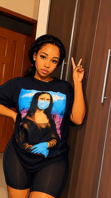 A young woman poses for a photo wearing a black graphic t-shirt featuring the Mona Lisa wearing a blue face mask and gloves, while she makes a peace sign with her fingers.