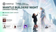 The image features a poster for an event called "Mantile Builders' Night". The poster displays a woman holding a robot figure and a city skyline backdrop. There are several people present at the event, including a man standing next to a woman who is holding a robot figure. The poster also includes information about the event's location, date, time, and speakers.