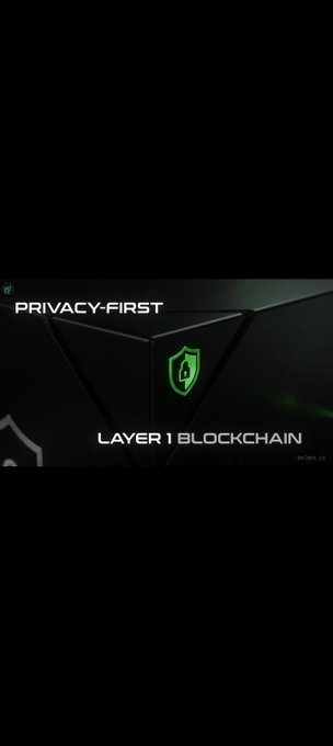 A graphic featuring a dark background with a green shield logo and text reading "PRIVACY-FIRST LAYER 1 BLOCKCHAIN".