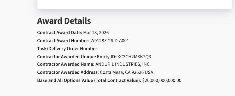 The image displays award details for a government contract awarded to Anduril Industries, Inc., with a contract award number W9128Z-26-D-A001 and a total contract value of $20,000,000,000.00, dated March 13, 2026. This relates to the accompanying post mentioning Anduril as one of two featured companies in MSX's upcoming Pre-IPO round, highlighting the company's significant government defense contract worth $20 billion.