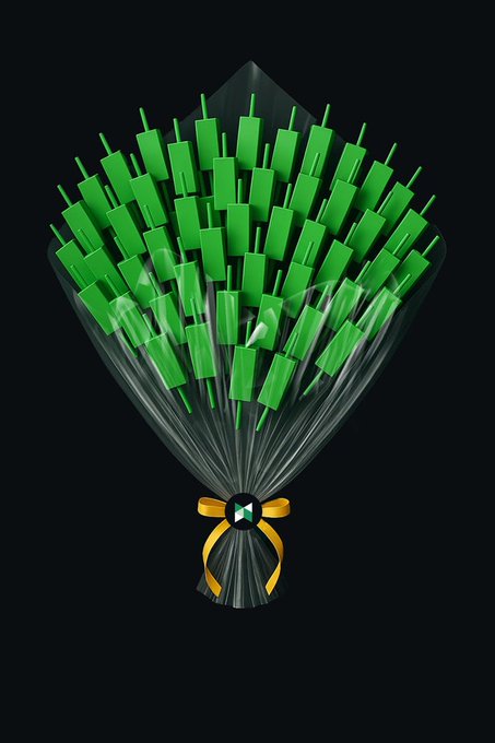 A 3D render of a bouquet made of green antenna-like objects wrapped in clear plastic and tied with a yellow ribbon against a black background.