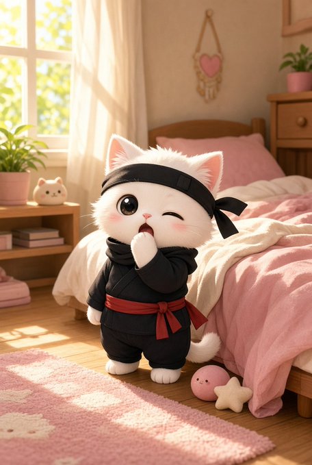 An illustration shows an adorable white cartoon cat dressed in a black ninja outfit with a red sash, standing in a pastel bedroom.