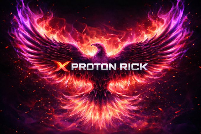 A stylized logo for 'XPROTON RICK' featuring a majestic phoenix with outstretched wings made of purple and orange flames.