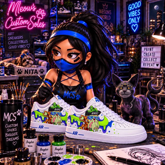 An illustrated scene titled 'Meow's Custom Soles' shows a masked character painting custom sneakers surrounded by art supplies, a dog, and a cat.