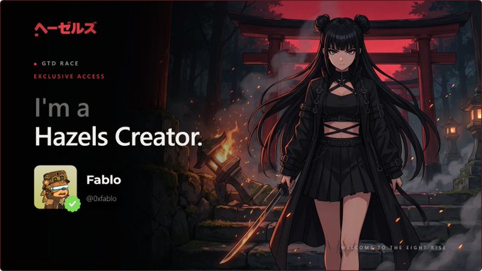An anime-style promotional banner featuring a dark-haired female character in a Japanese shrine setting, reading 'I'm a Hazels Creator' with the username 'Fabio (@0xfabio)' and 'GTD RACE EXCLUSIVE ACCESS'.