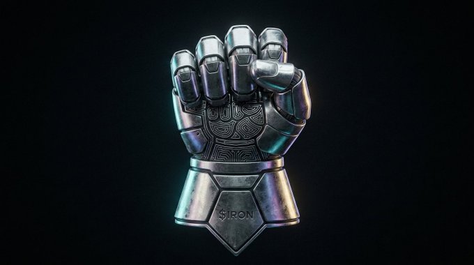 A stylized metallic robotic fist with intricate circuit-like engravings on its back is displayed against a dark background, mounted on a base labeled 'IRON'.