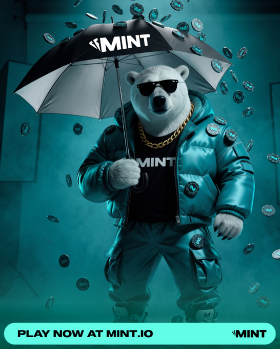 A polar bear wearing sunglasses, a teal puffer jacket, and a gold chain holds a black and white umbrella branded with 'MINT', standing amid falling coins, with a banner reading 'PLAY NOW AT MINT.IO'.