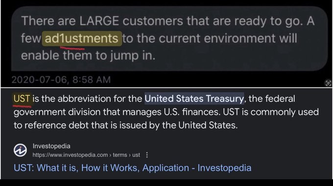 An image displaying two text excerpts related to stablecoin adoption and U.S. Treasury demand. The top message dated "2020-07-06, 8:58 AM" reads: "There are LARGE customers that are ready to go. A few adjustments to the current environment will enable them to jump in." Below, an Investopedia definition explains: "UST is the abbreviation for the United States Treasury, the federal government division that manages U.S. finances. UST is commonly used to reference debt that is issued by the United States." The image supports the post's argument that stablecoins are an emerging and significant source of demand for U.S. Treasuries.