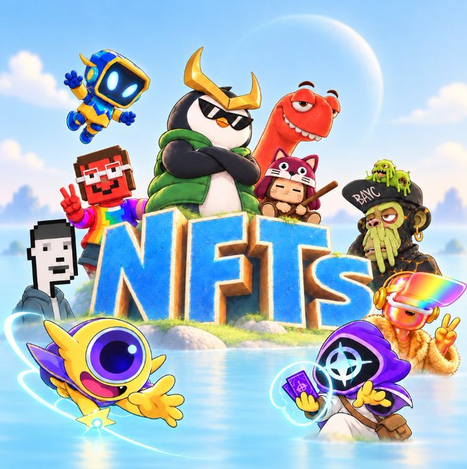 A collection of colorful, cartoonish NFT character avatars surrounds large blue "NFTS" text on a small grassy island, including a robot, penguin, dinosaur, pirate captain, and rainbow-haired figure. The caption references the image as promotional artwork showcasing hyped NFT projects like Everdraw_RPG, with the "NFTS" lettering serving as the central visual focal point tying the diverse character lineup together.
