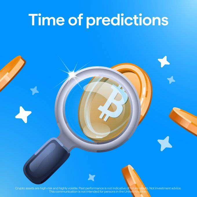 A vibrant blue graphic titled "Time of predictions" features a magnifying glass centered over a gold Bitcoin (₿) coin, surrounded by scattered gold coins and white stars. The image ties into a social media post inviting users to guess BTC's price on August 25 for a chance to win $100 via their Telegram channel, with a disclaimer noting that crypto assets are high-risk and not intended for UK residents.