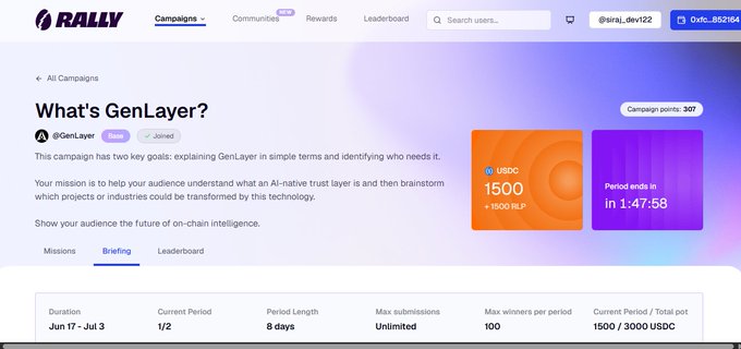 A screenshot of a Rally.io campaign page for "GenLayer" showing a briefing tab with campaign details including a reward of 1500 USDC, 1,500 XLP, and a period ending in 1:47:58, with campaign information noting the campaign has unlimited submissions with a max of 100 winners per period and a duration from June 17 to July 3. The image relates to the post by illustrating a platform (Rally.io) where community-driven missions and rewards are distributed, which is conceptually similar to the question of who decides outcomes in decentralized trust systems like Polymarket, though this specific Rally campaign is for explaining an AI-native trust layer rather than resolving prediction market disputes.