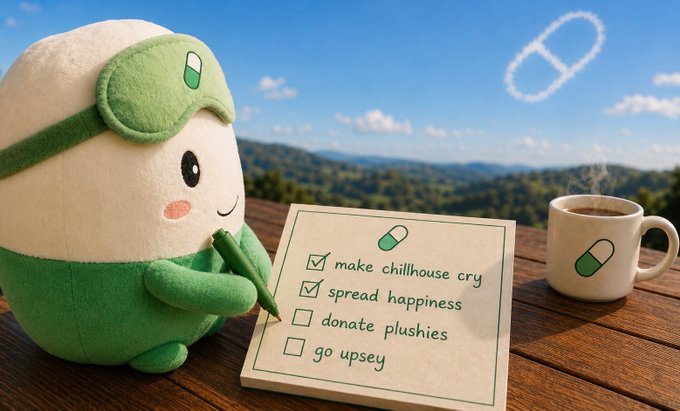 A round, green and cream plush character sits on a wooden table, holding a pen next to a checklist reading 'make chillhouse cry', 'spread happiness', 'donate plushies', and 'go upsey'. Next to it is a steaming mug featuring the Chillhouse logo, set against a scenic mountain backdrop.