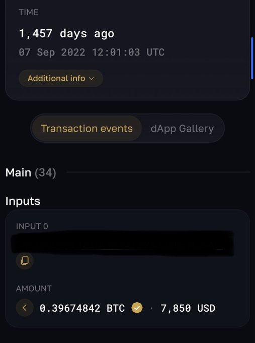 A screenshot of a Bitcoin transaction dated 07 Sep 2022, showing a trade of 0.39674842 BTC (worth $7,850) being swapped into USDC, illustrating the poster's regretful decision to sell Bitcoin before its price rose.