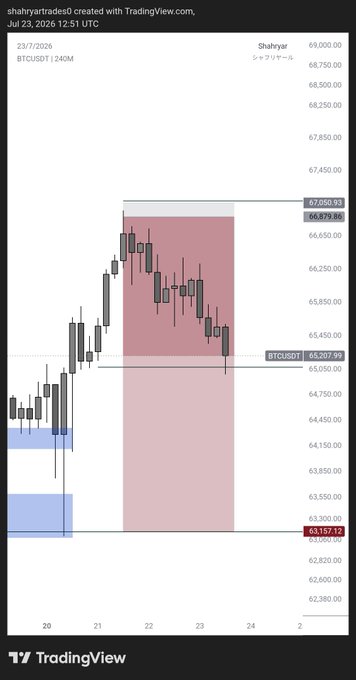 A TradingView candlestick chart of BTCUSDT on the 240-minute timeframe, with a pink-shaded sell zone highlighted between approximately $65,050 and $67,050, where the poster plans to take 25% profits on Bitcoin. Key price levels are marked, including $66,207.99 and $67,050.93, illustrating the trade exit strategy at a key resistance area.