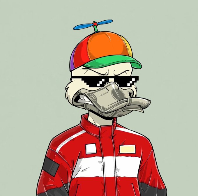 A cartoon illustration of an anthropomorphic duck character wearing pixelated sunglasses, a colorful propeller cap, and a red and white racing jacket, holding a sneaker in its beak.