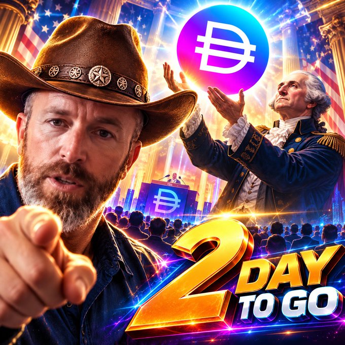 A man with a cowboy hat points at the camera in a meme-style image featuring a cartoon George Washington, US flags, a DAI stablecoin logo, and bold text reading '2 DAY TO GO'.
