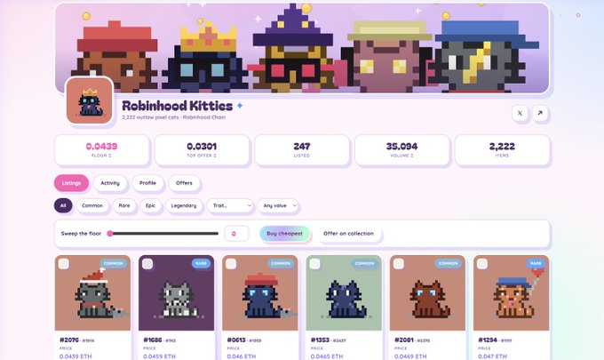 OpenSea NFT collection page for 'Robinhood Kitties' showing floor price 0.0439 ETH, 247 listed, volume 35.094 ETH.