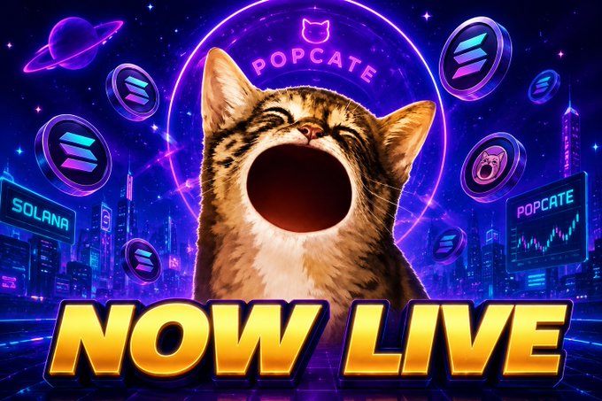 A digital graphic of a yawning tabby cat surrounded by Solana logos, with text 'POPCATE', 'SOLANA', and 'NOW LIVE' over a neon cityscape.